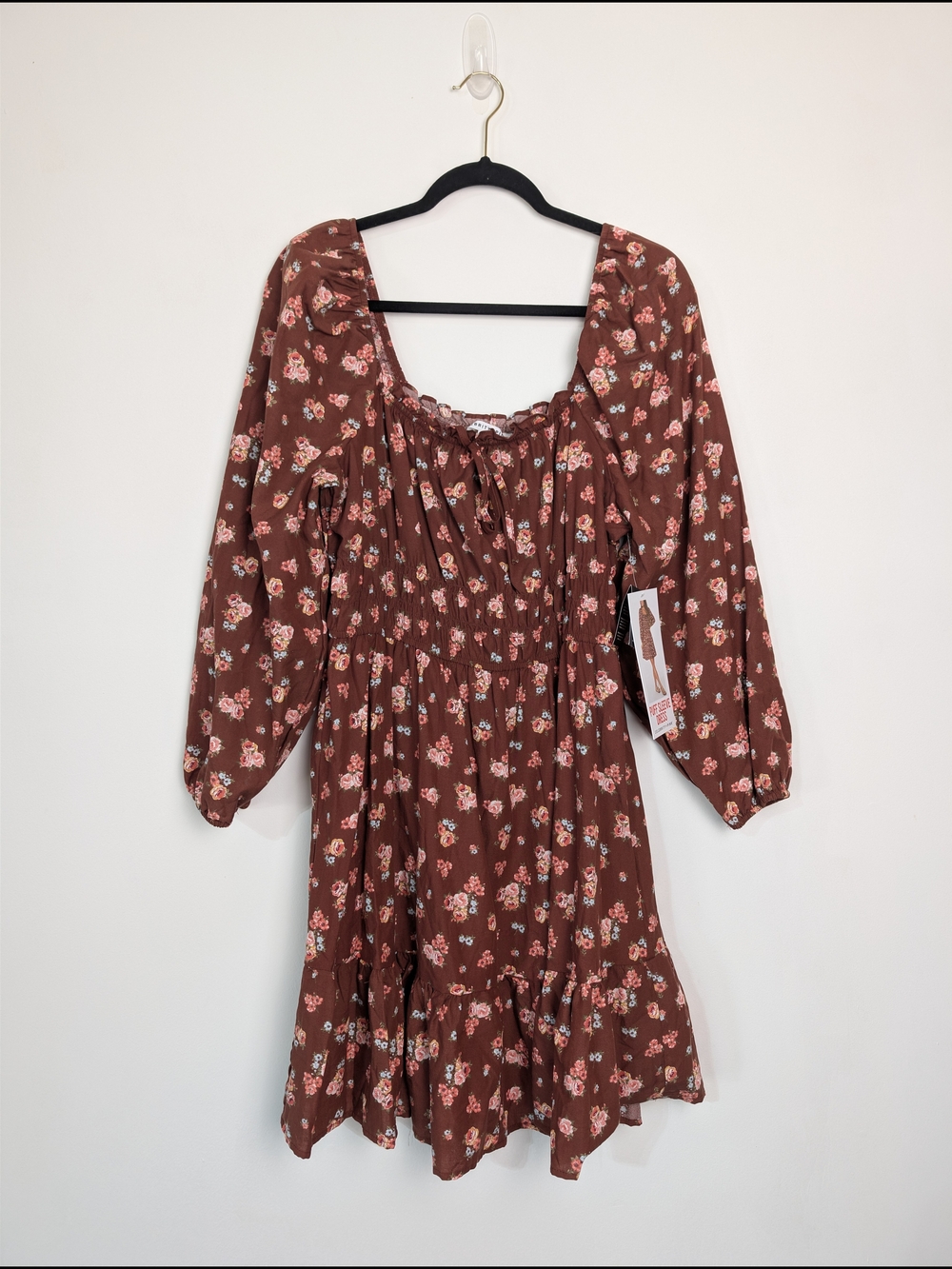 NWT Brown Floral Midi Smocked Dress Cowgirl Western Rodeo Coquette Milkmaid